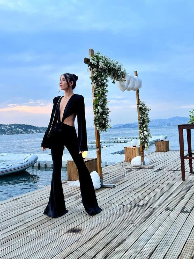 Ootddress Sexy Deep V Hollow Out Jumpsuit Women 3D Flower Flare Pants Long Pants Slim Backless Female Jumpsuit Party Club Clothing