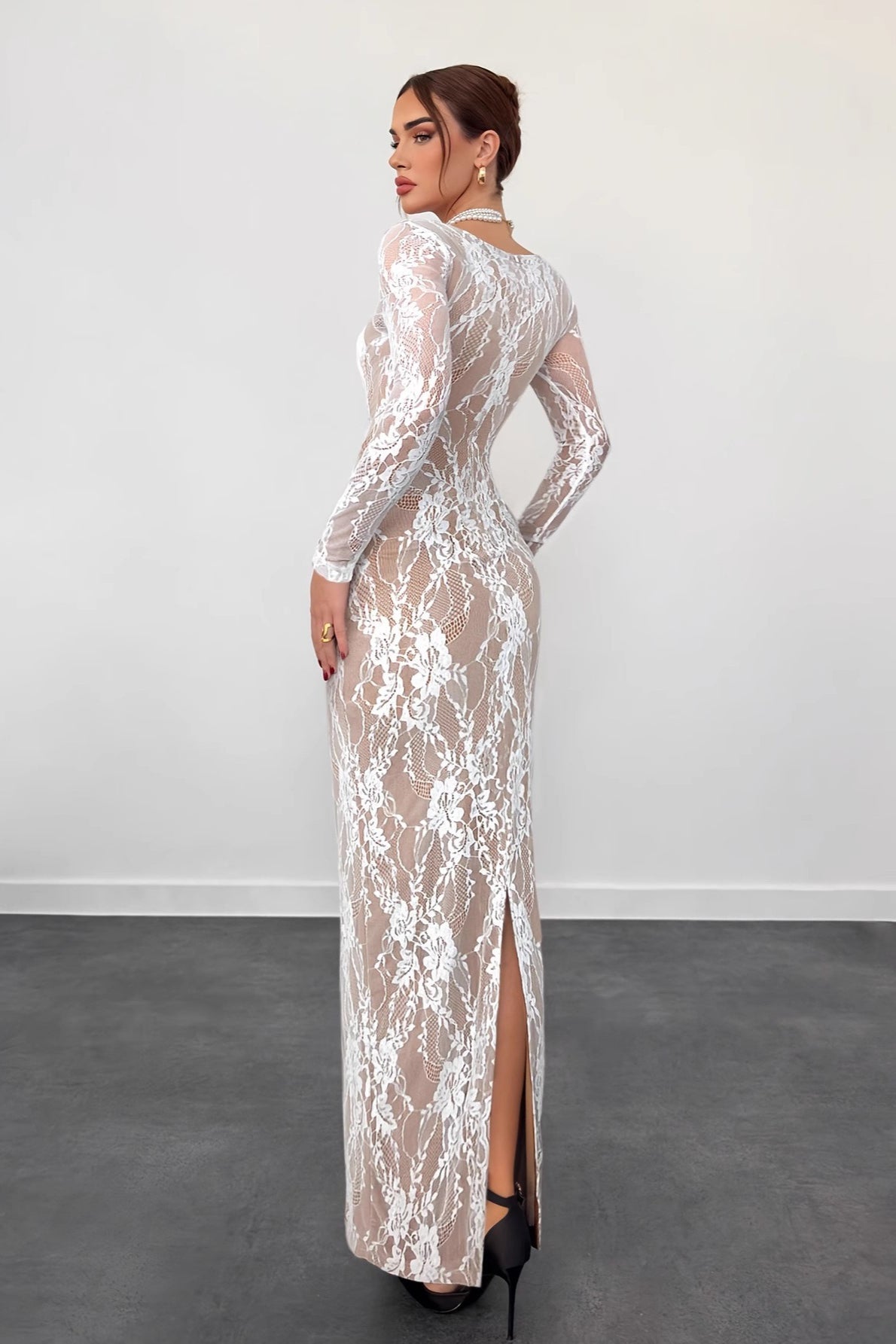 Floral Lace Square Neck Corset Boning Long Sleeve Maxi Dress