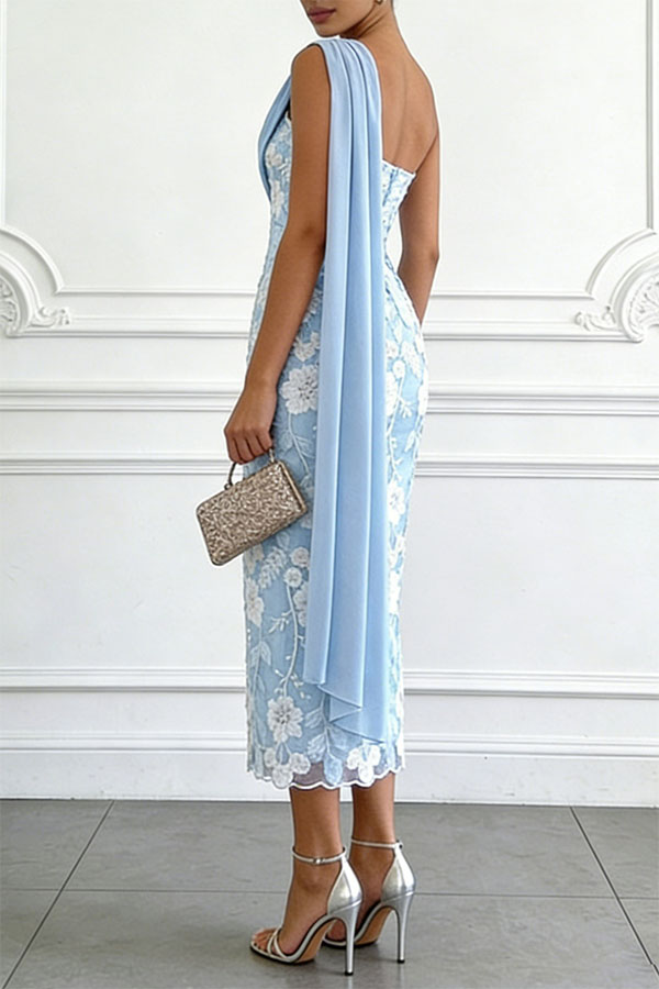 Ellie Ruched Drape Tulle One Shoulder Floral Embroidery Party Midi Dress