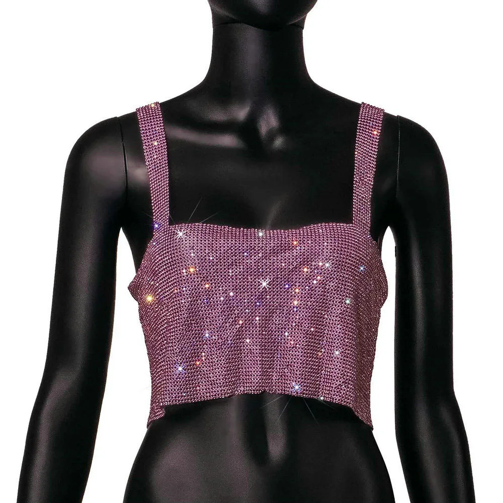 Ootddress Metal Mesh Rhinestone Sleeveless Tank Top Women Back Hollow Chain Crop Tops Hot Girl Beach Sexy Club Party Vest Femme