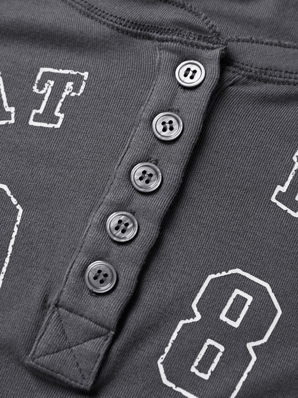 Number Letter Print Breasted Slim Long Sleeve Tee