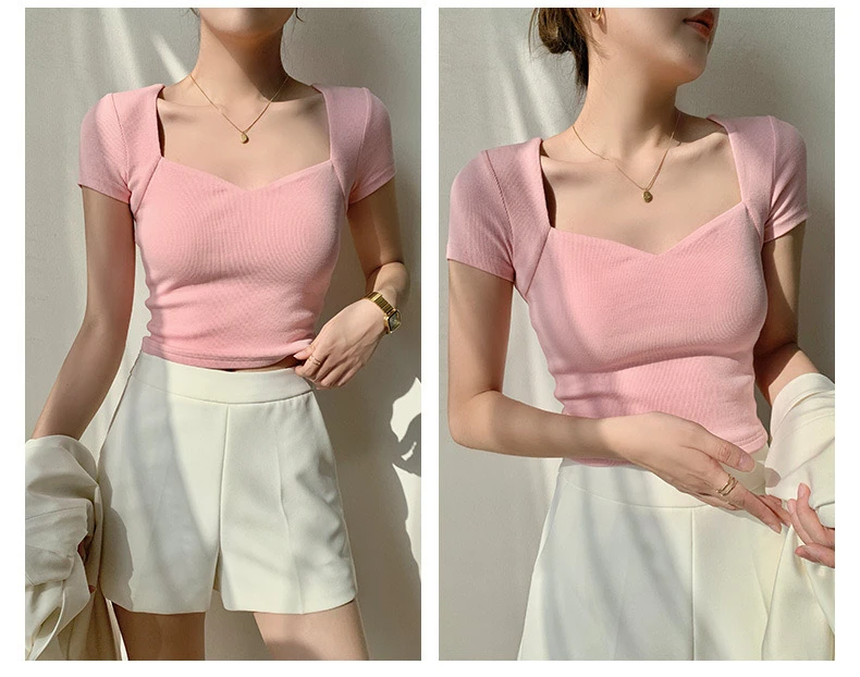 Women Square Neck Rib Crop T-shirt Summer Short Sleeve Crop Top Ladies Sexy Solid Color Short Tops Basic Black Tee Shirt