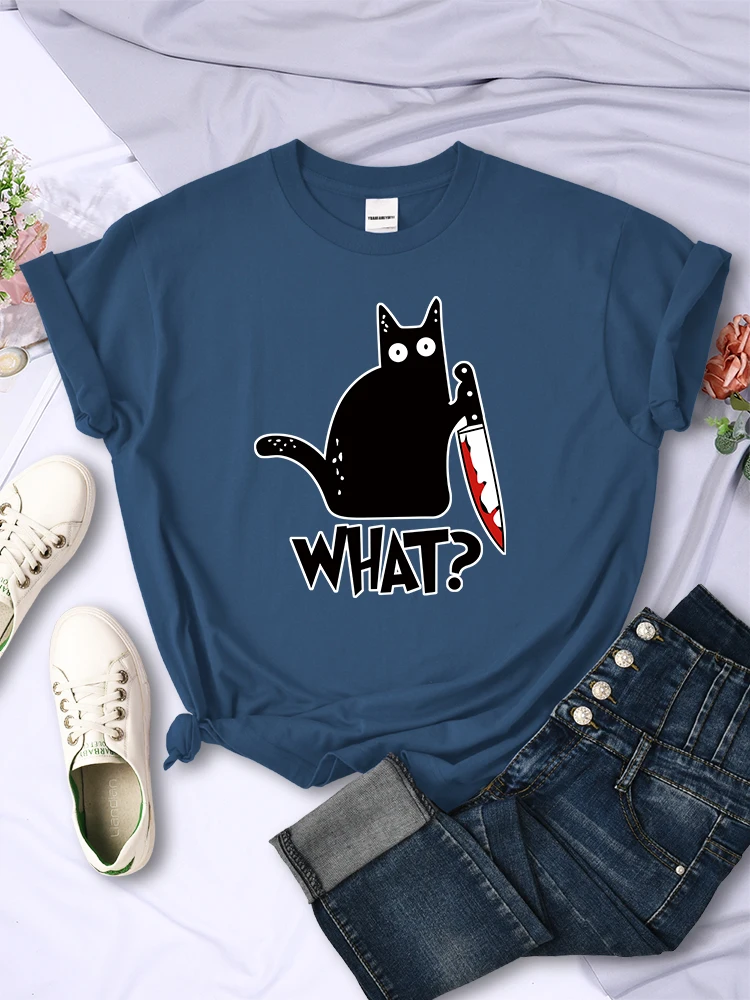Kitchen Knife Black Cat Wha? Print Female Short Sleeve Fashion Breathable T-Shirts Summer Cool Tee Clothes Street Hip Hop Tops