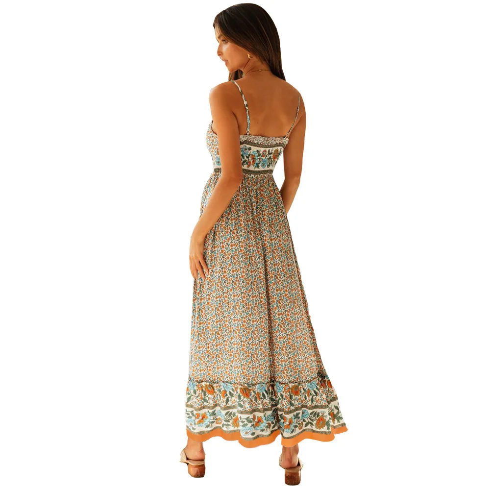 Bohemian Floral Spaghetti Strap Dresses Women Sexy V-neck Backless Casual Beach Vacation Long Dress Female Vestidos Summer New 39 undefined