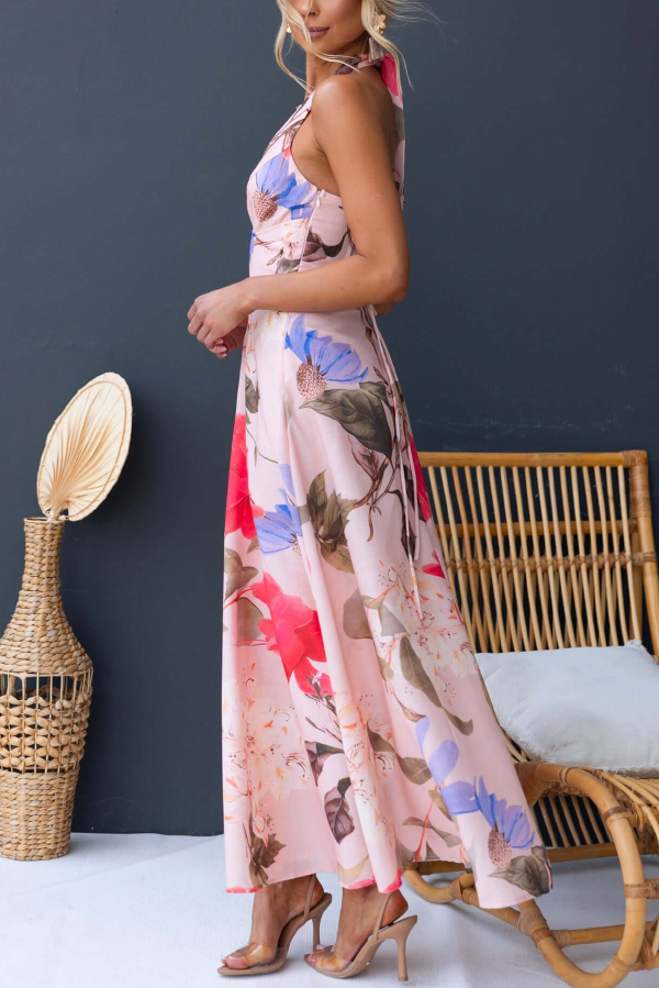 Floral Print V-neck Backless Tie-up Fitted Waist Elegant Maxi Dress