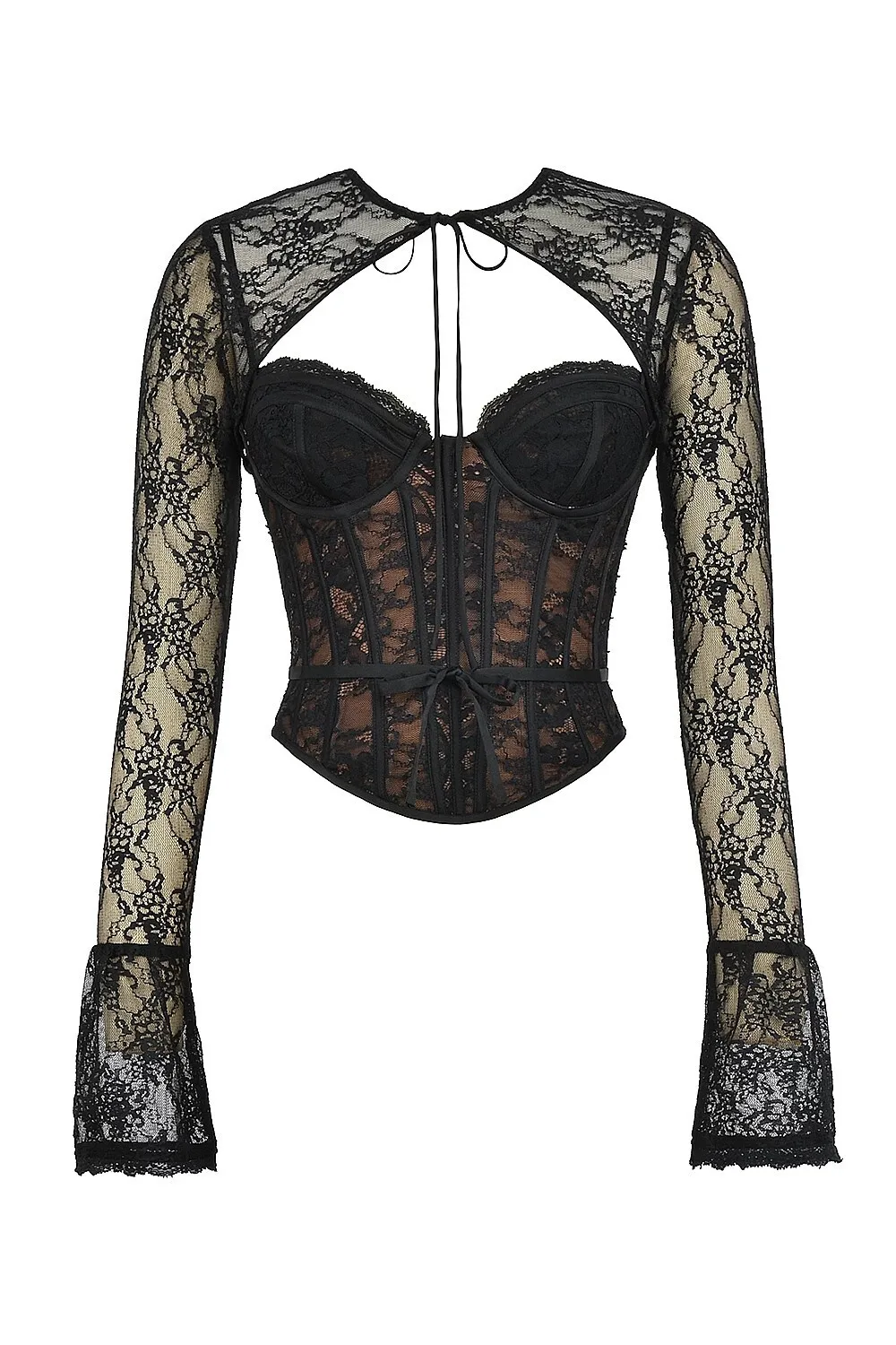 Ootddress Elegant Lace Printed Patchwork Long Sleeve Hollow Out Women Top Set Sexy Perspective Fishbone Tight Strap Up 2025 Set