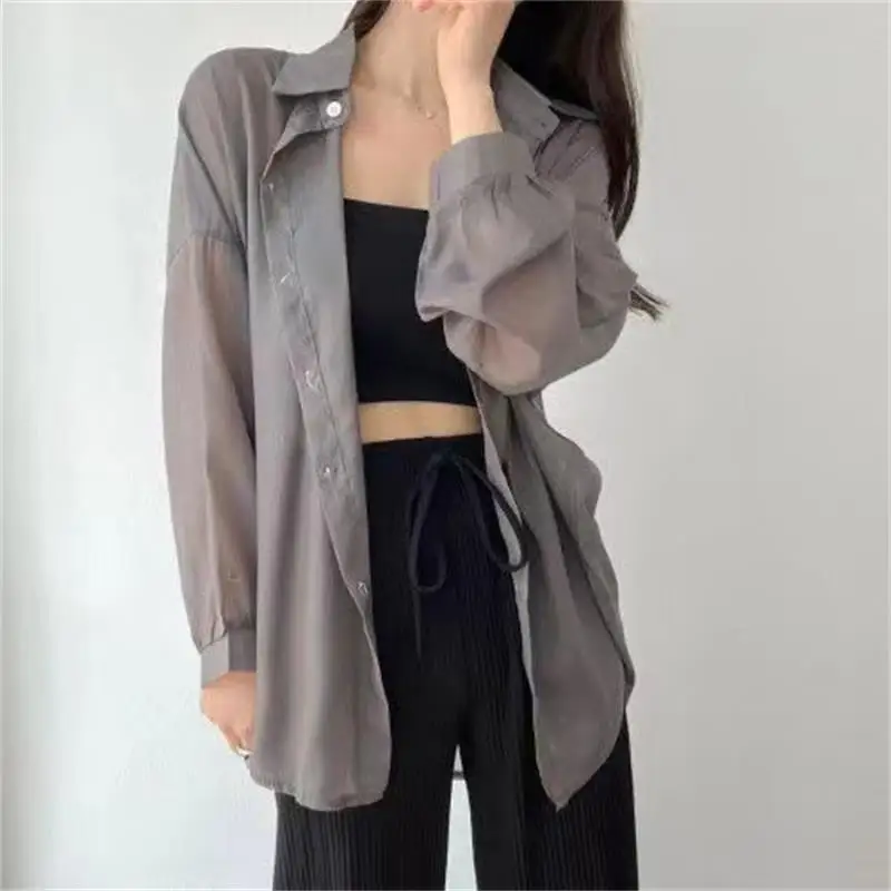 Perspective Shirts Women Sheer Thin Chic Summer Simple Solid Sun-proof Top Fashion Blouse Baggy All-match Basic Korean Clothing