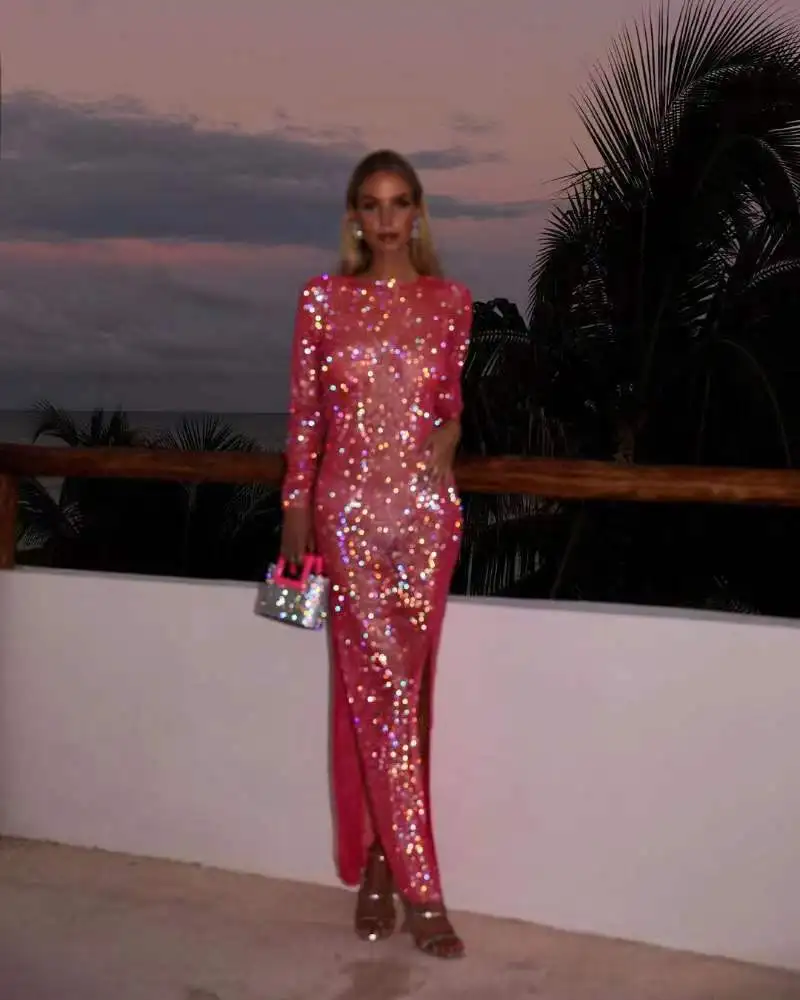 Sexy See Though Shiny Silk Dress Pink High Waist Slit Slim Fit Long Party Dresses Fashion Solid Sequins Elegant Dress for Women