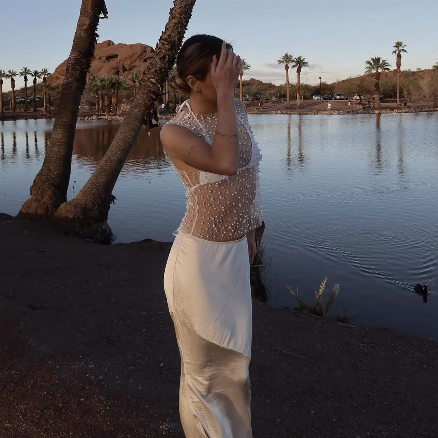 Ootddress Pearl Mesh See-Through Women Tank Top Sexy Sleeveless Round Neck Losse Summer Short T-shirt Female Y2K Fashion Vest 2025