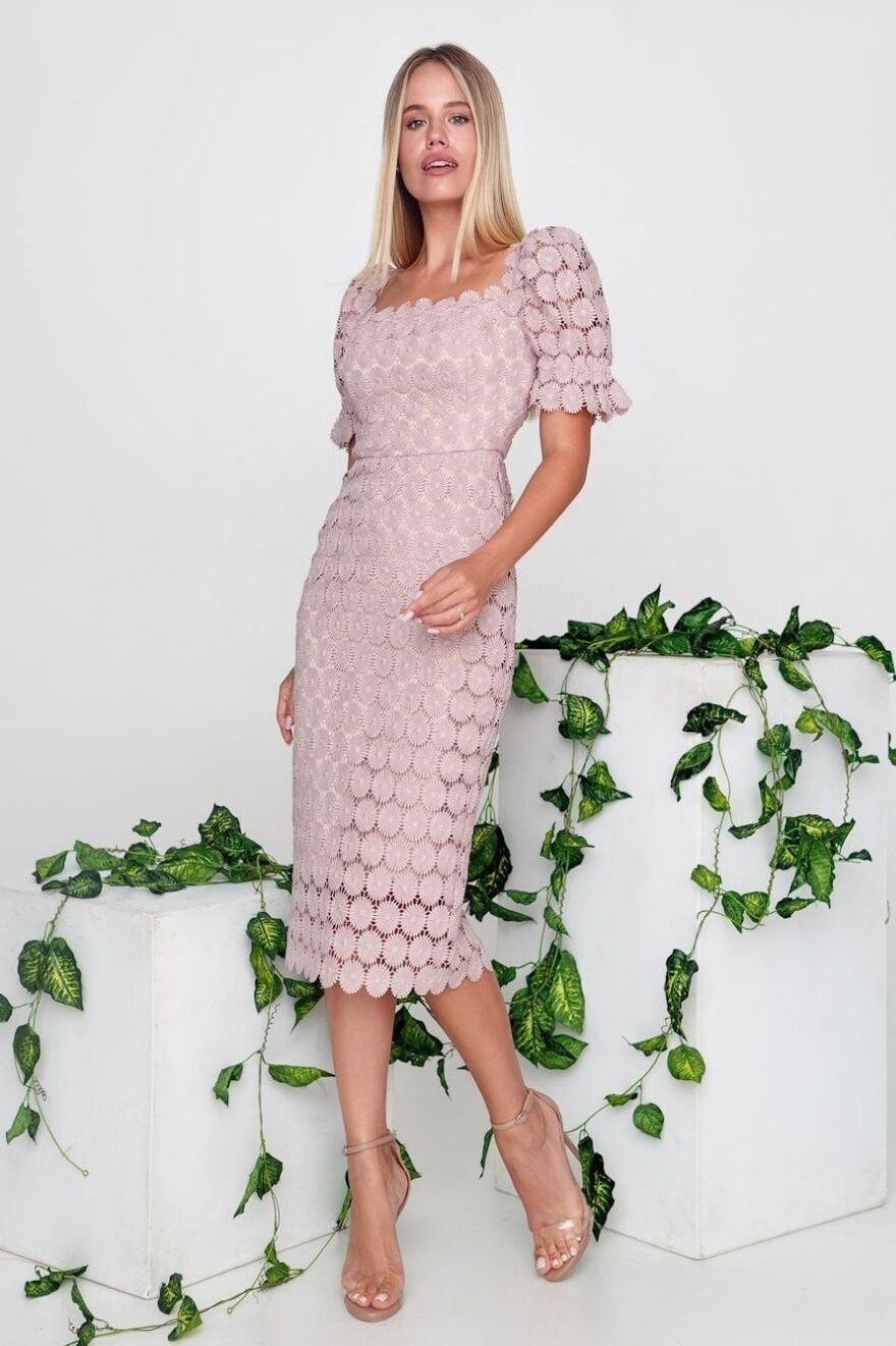 Off Shoulder Floral Lace Puff Sleeve Bodycon Midi Dress