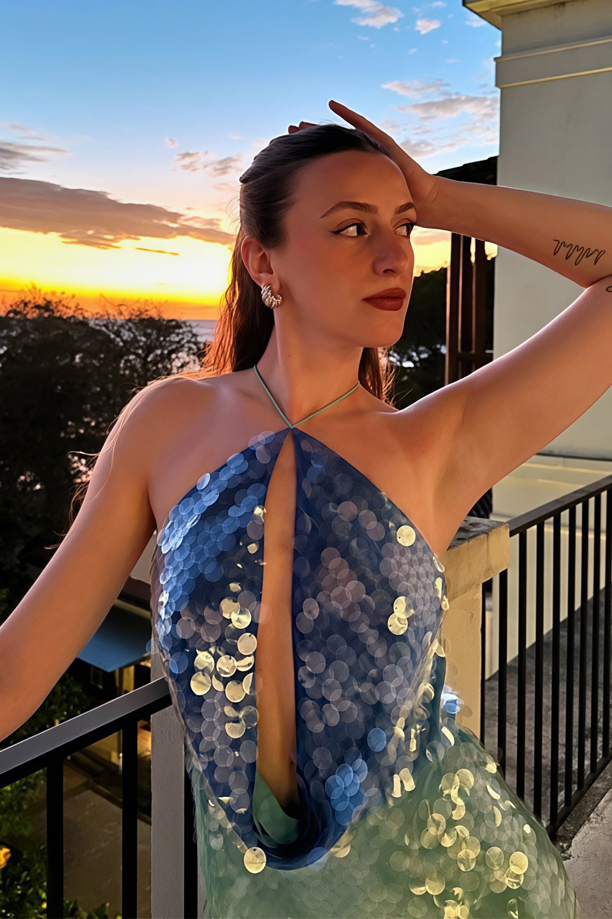 Halter Keyhole Plunge Mesh Sequin Disc Bodycon Mini Dress