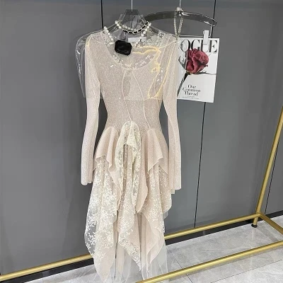 French Vintage Elegant Lace Dress Women 2025 Spring Summer New Irregular Splicing Long Bridesmaid Evening Party Dress Prom Robe