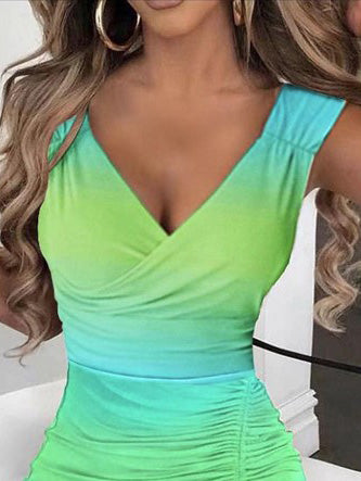Surplice V-Neck Ruched Side Slit Gradient Bodycon Maxi Dress