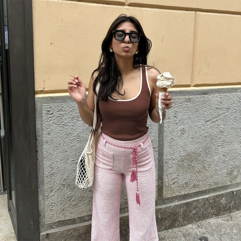 Ootddress Casual For Women Contrast Y2k Top Vest Backless Patchwork Pullover Top Slim Sheer Tracksuit Summer Cute Female Tank Top