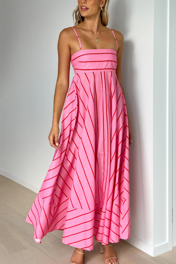 Striped Printed Spaghetti Strap Sleeveless Back Pleated Casual Maxi Dress