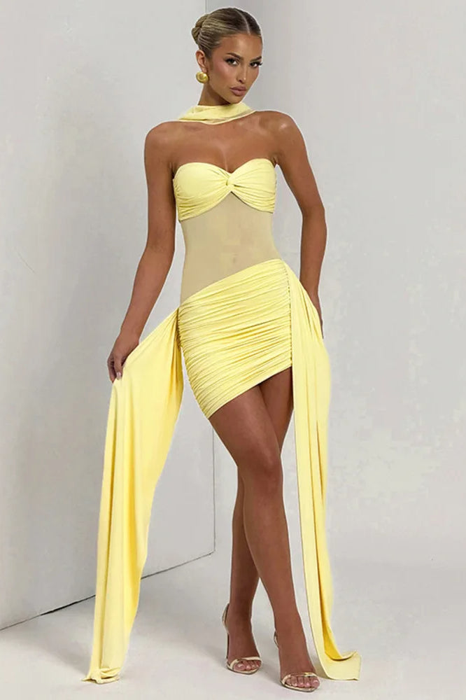 Strapless Twist Knot Mesh Panel Ruched Asymmetric Hem Mini Dress