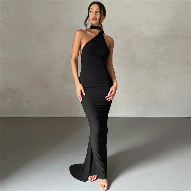Ootddress Sexy Backless Hanging Neck Bodycon Evening Dress For Women Strapless Max Female Dress Charming Club Party Prom Dress