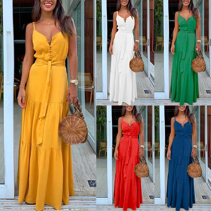 Summer Spaghetti Strap Long Dress Bohemian Style Casual Vacation Maxi Beach Dresses For Women Fashion Elegant Lady Robe Vestidos 6 undefined