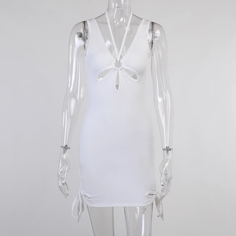 Ootddress White Hollow Out Mini Dresses Summer Sexy Bodycon Backless Party Dress Skinny Sleeveless Night Club Beach Dress