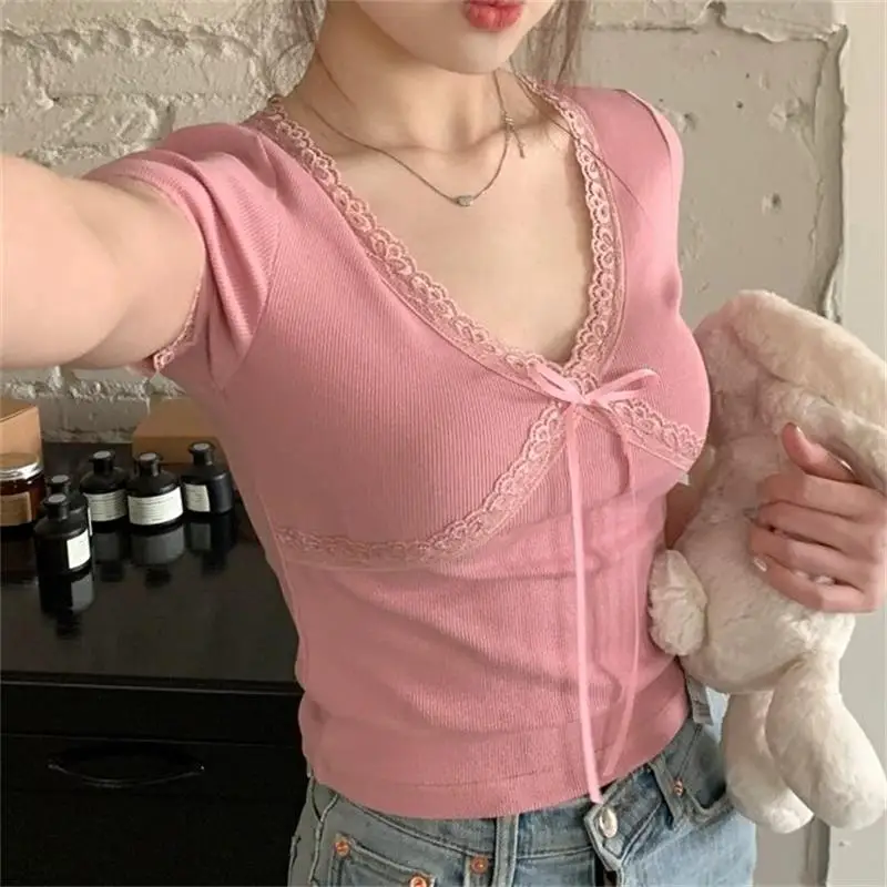 Cute Bandage Bow Cropped Top White Sweet Knitted Lace Splicing T Shirts Summer Casual V-neck Tees Women y2k Aesthetic Tops 14 Cute Bandage Bow Cropped Top White Sweet Knitted Lace Splicing T Shirts Summer Casual V-neck Tees Women y2k Aesthetic Tops
