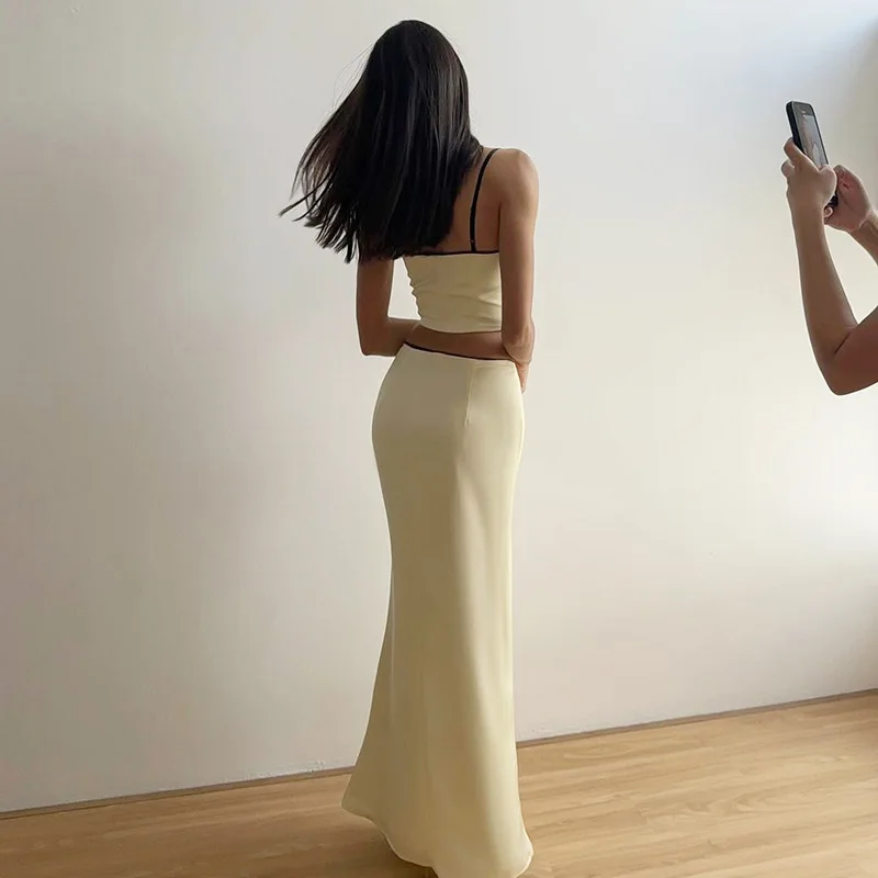 Ootddress Women's Solid Color Slim Fit With Exposed Navel Set Suspender Vest High Waisted Skirt Lady New Fashion Party Clothing 2025