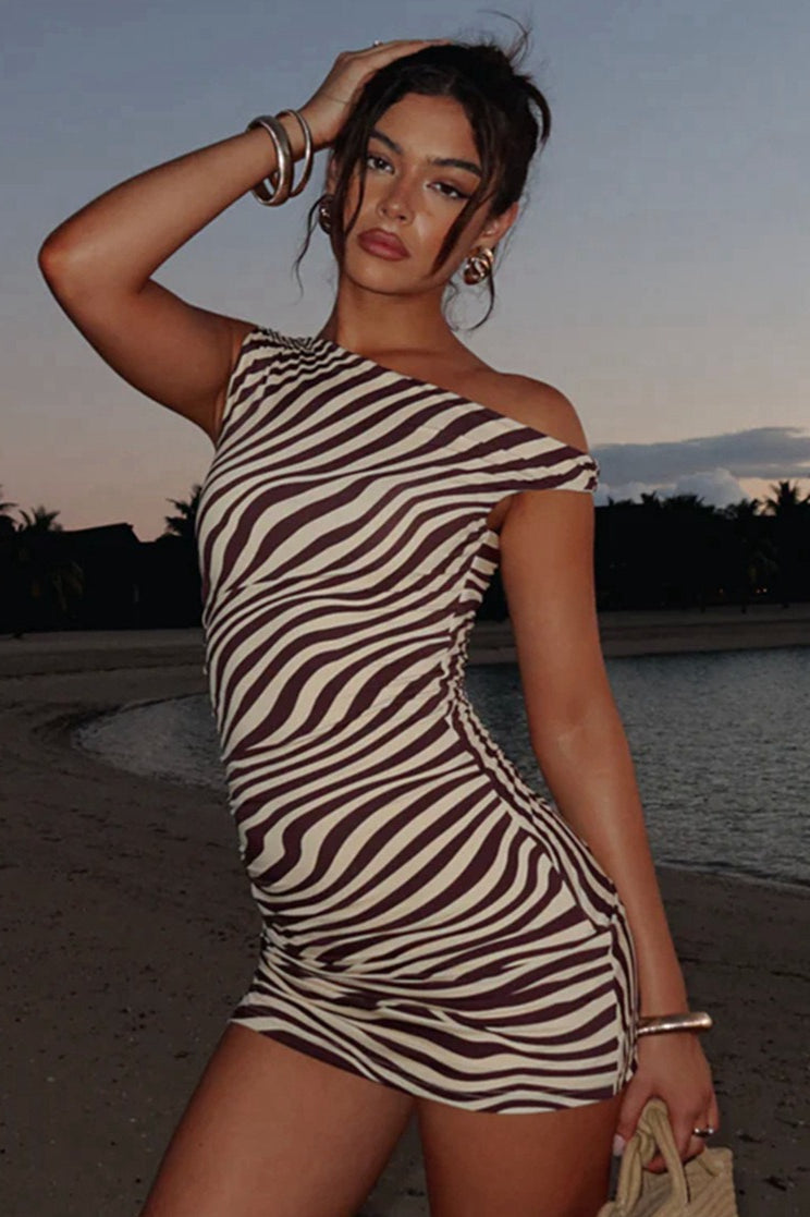 Zebra Print Asymmetric Off Shoulder Bodycon Mini Dress