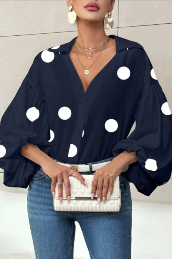 Stylish Polka Dot Print Collared Puff Sleeve Loose Shirt