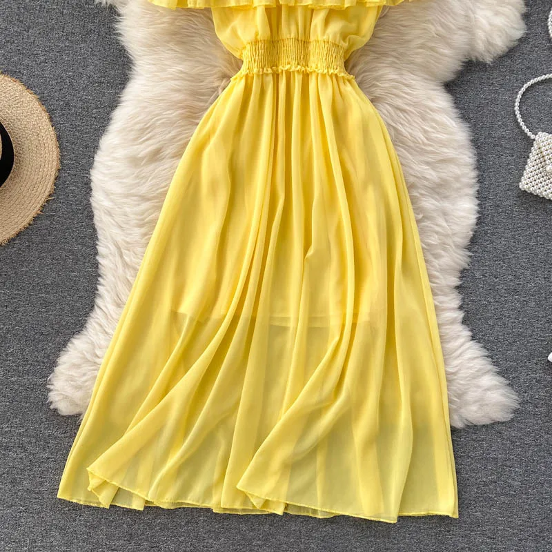 Women Chiffon Beach Dress Sexy Double Layer Ruffled Off The Shoulder Boho Dresses Ladies Sweet Slash Neck Long Dress 38 Women Chiffon Beach Dress Sexy Double Layer Ruffled Off The Shoulder Boho Dresses Ladies Sweet Slash Neck Long Dress