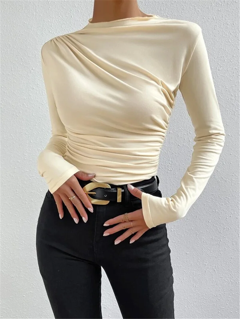 Ootddress Solid Casual Pleated T-shirt For Women Patchwork Long Sleeve High Waist Inner Ruffled Crop top Ladies Vintage Y2k Top Tee 7 Ootddress Solid Casual Pleated T-shirt For Women Patchwork Long Sleeve High Waist Inner Ruffled Crop top Ladies Vintage Y2k Top Tee