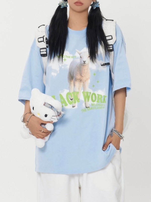 Cute Sheep Print Oversized Short Sleeve Tee