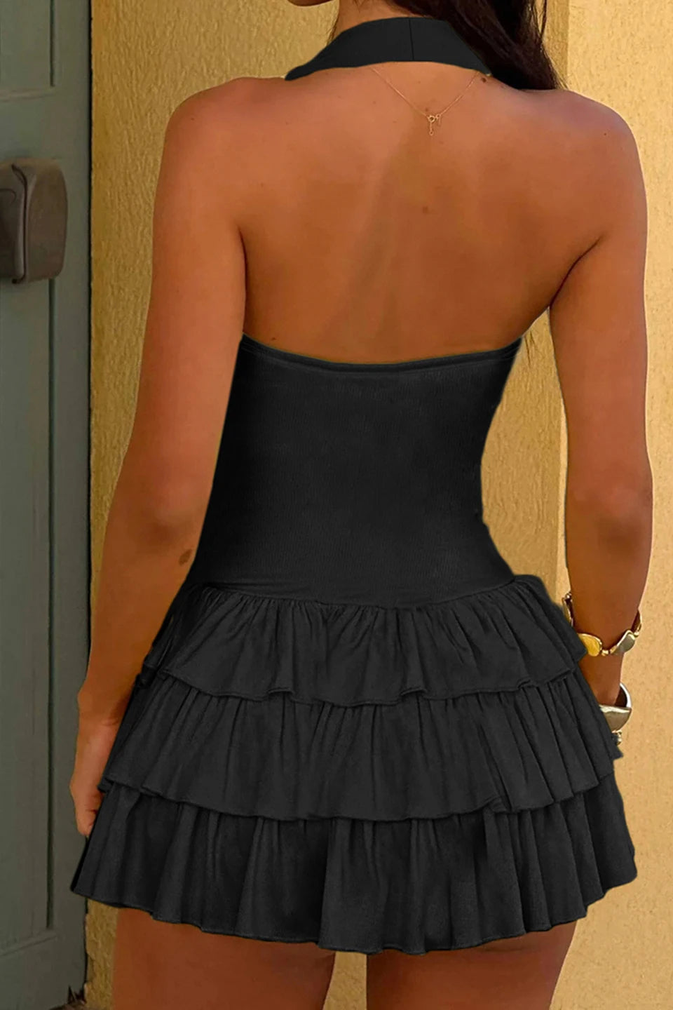 Halter Corset Bodice Tiered Ruffle Ribbed Mini Dress
