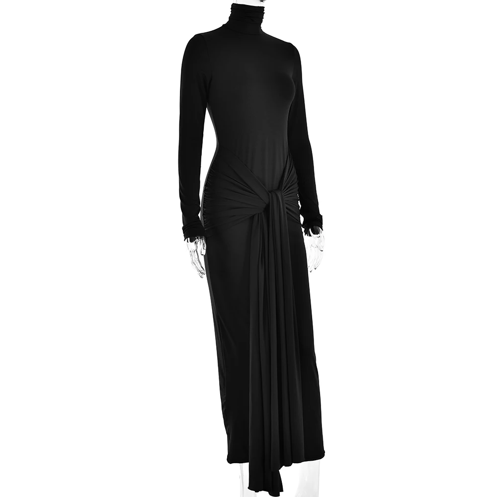 黑2.jpg Ootddress High Neck Long Sleeve Bodycon Dress For Women Tight Elastic Lace Up Maxi Long Dress Autumn New Party Club Vestidos