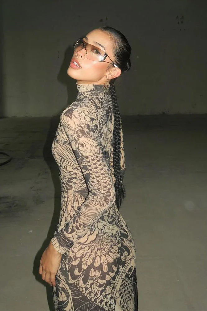 Mock Neck Long Sleeve Koi Fish Tattoo Print Mesh Bodycon Maxi Dress