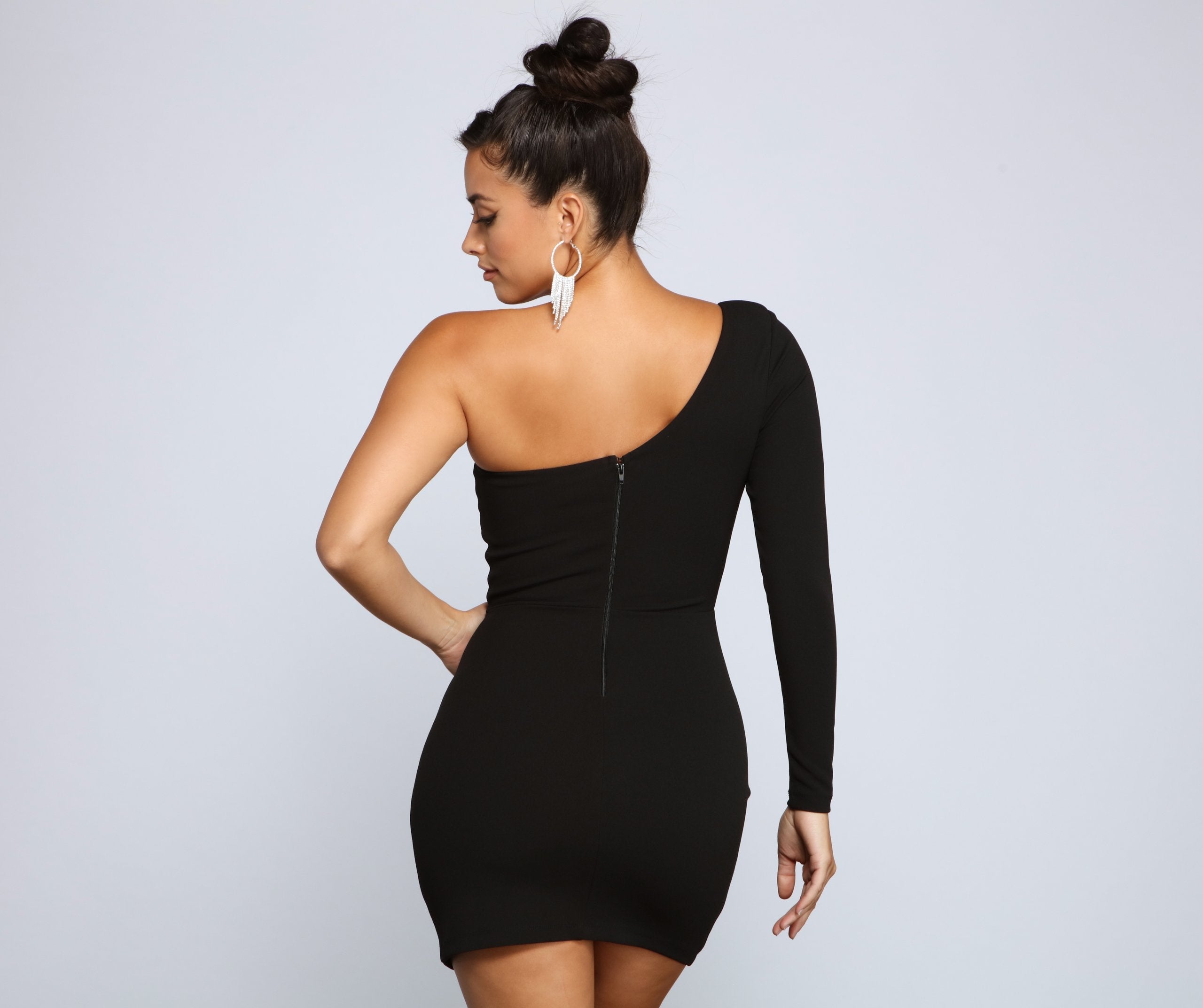 One Shoulder Long Sleeve Ruched Side Slit Bodycon Mini Dress