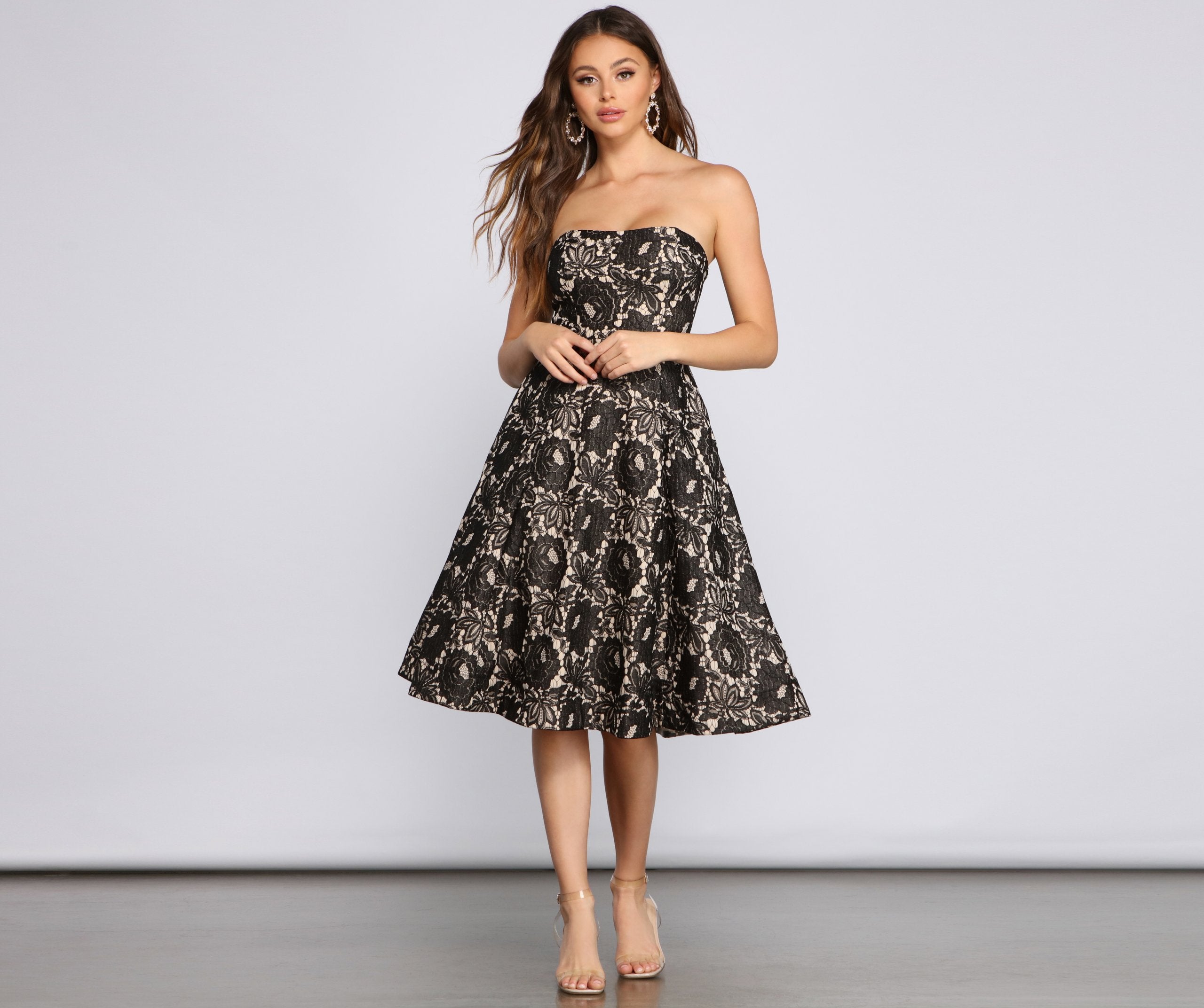 Floral Lace Strapless Structured Bodice Pleated Fit and Flare Midi Dress