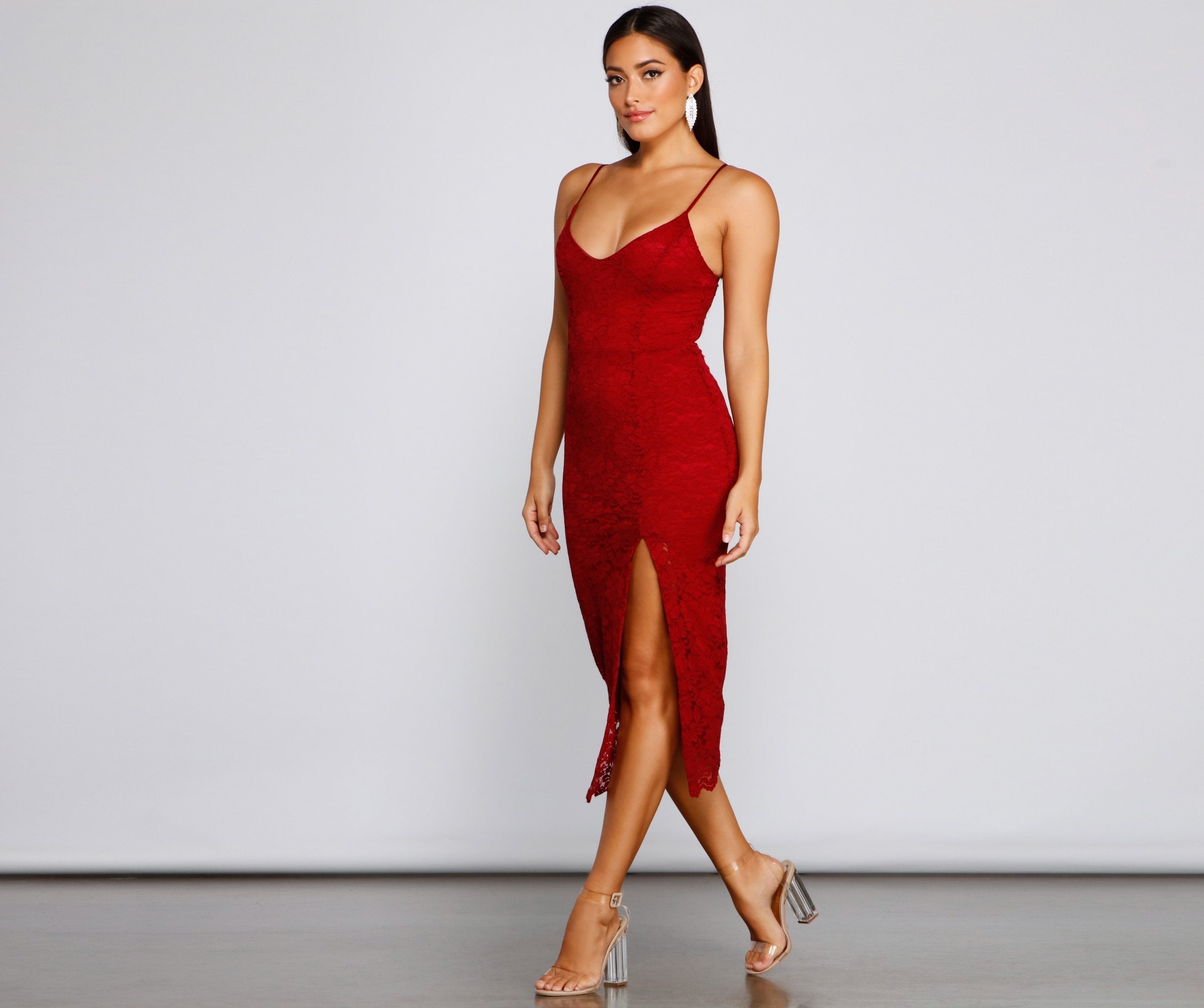 Floral Lace Deep V-Neck Spaghetti Strap Side Slit Bodycon Midi Dress