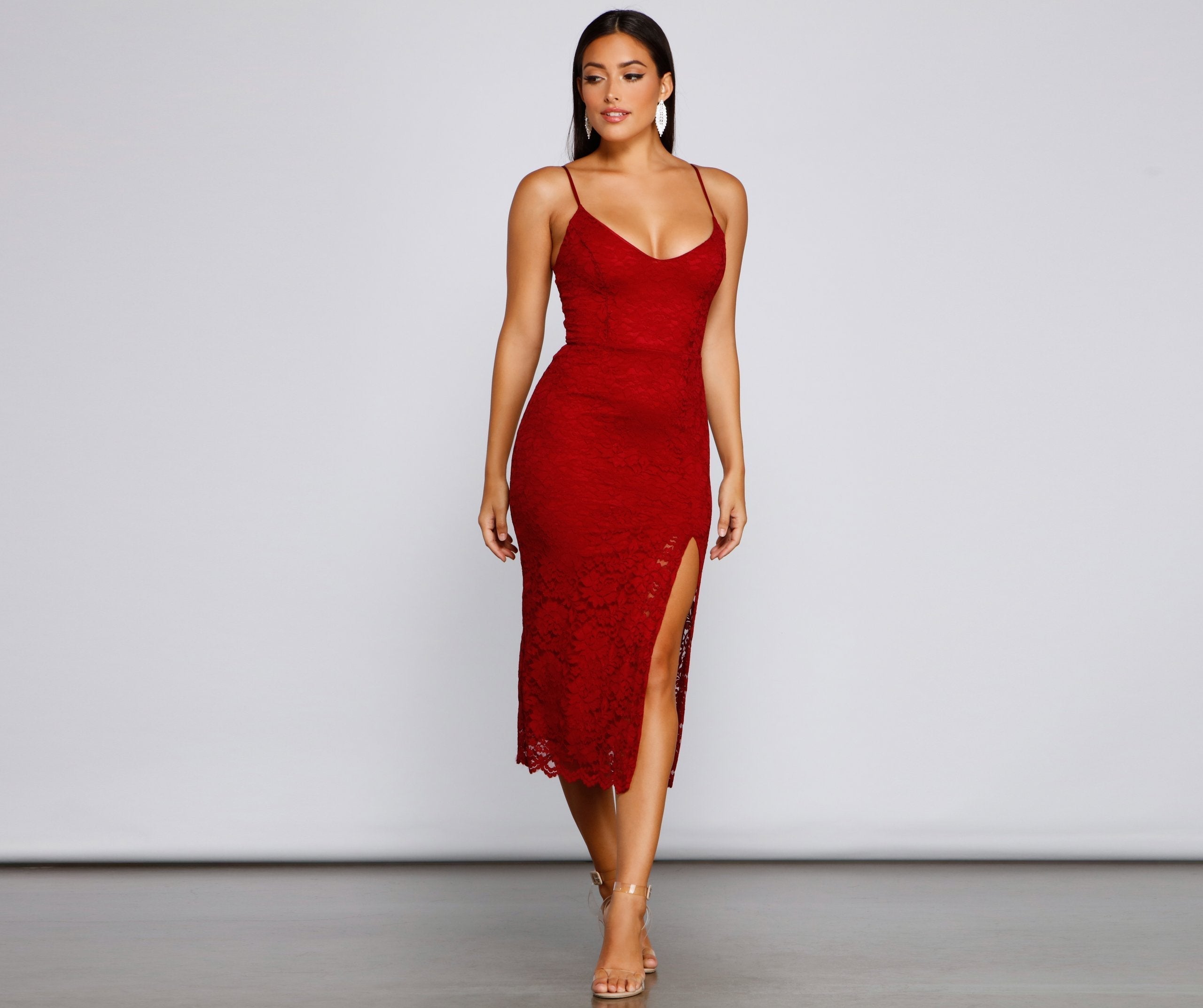 Floral Lace Deep V-Neck Spaghetti Strap Side Slit Bodycon Midi Dress
