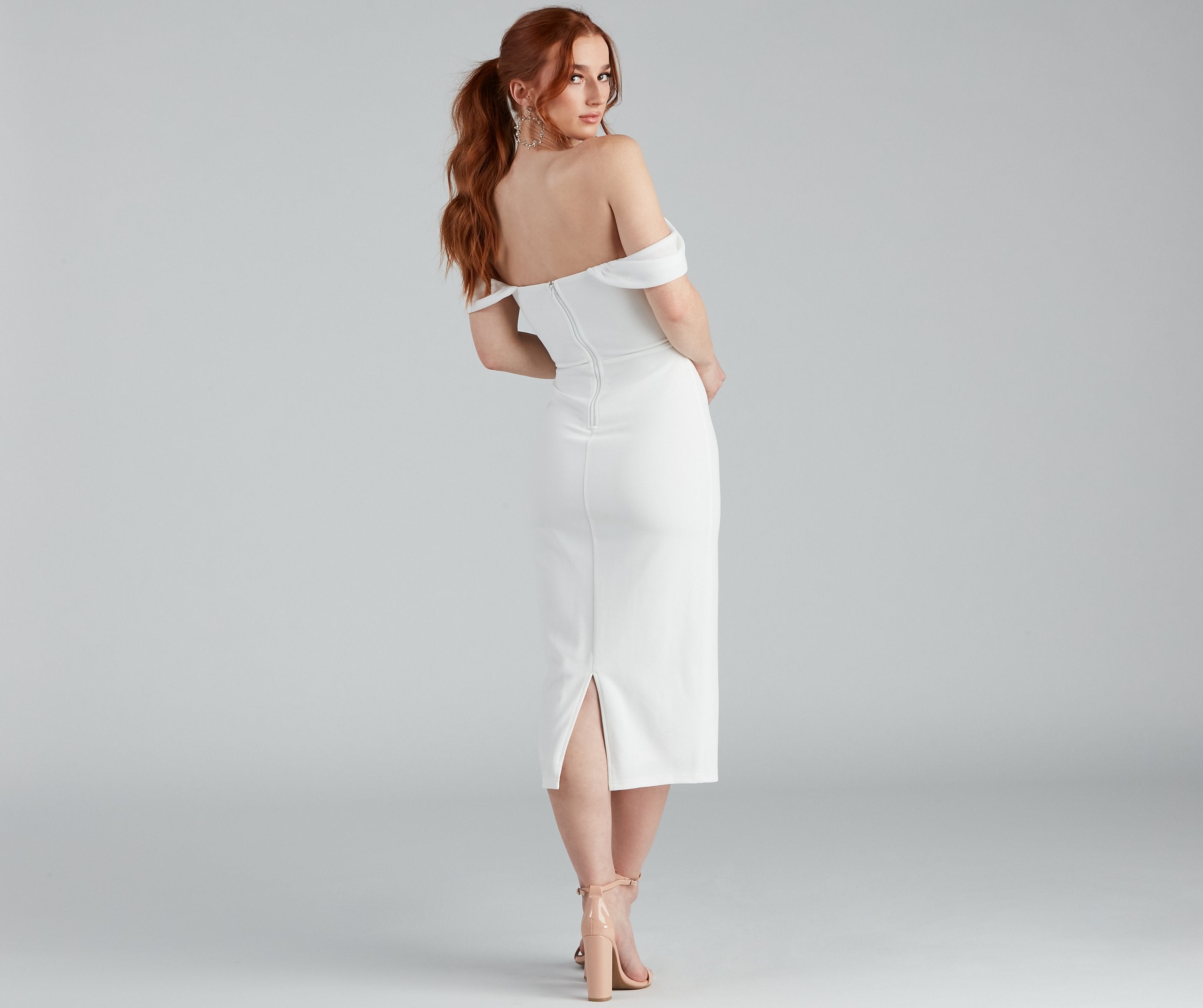Off Shoulder Corset Bodice Crepe Midi Dress