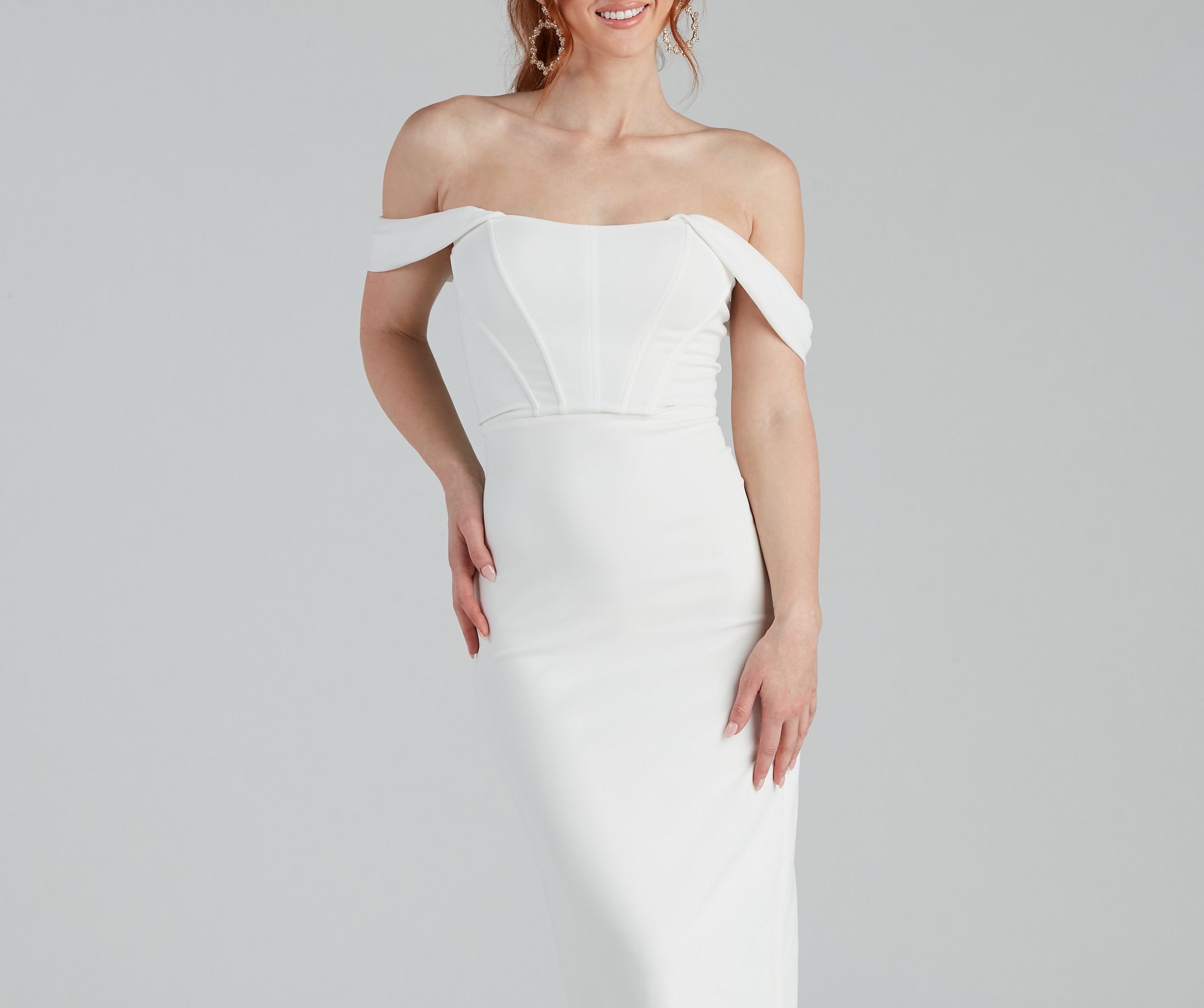Off Shoulder Corset Bodice Crepe Midi Dress