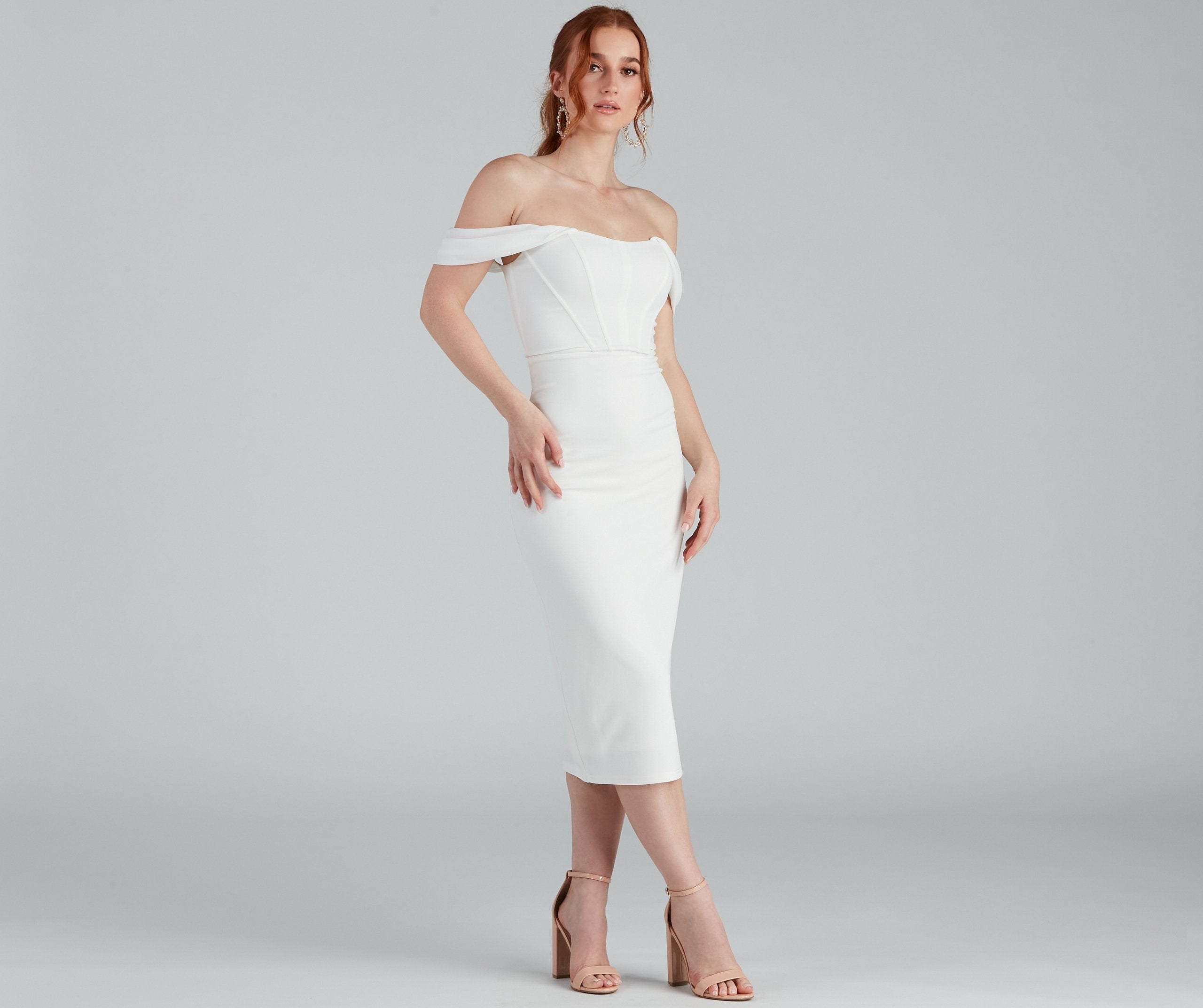 Off Shoulder Corset Bodice Crepe Midi Dress