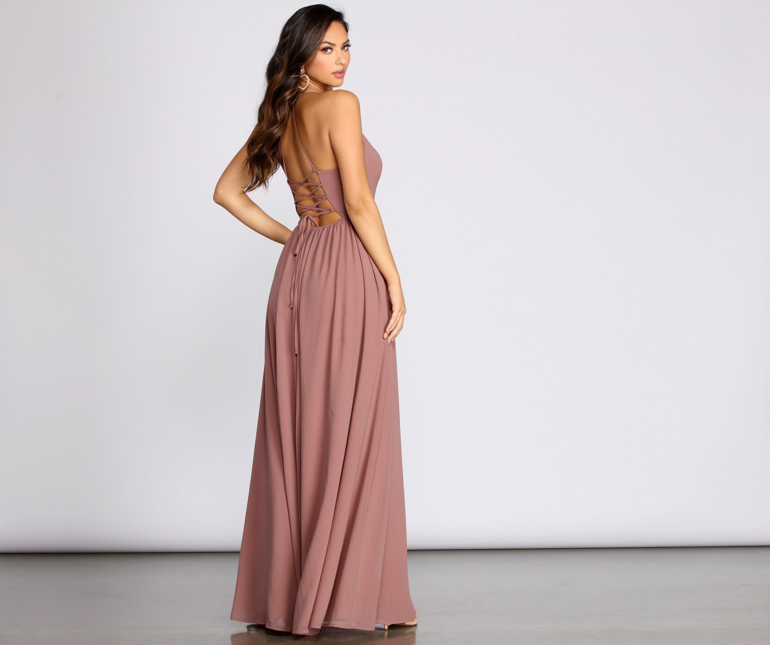 Lace-Back Deep V-Neck Spaghetti Strap Chiffon High Slit Maxi Gown