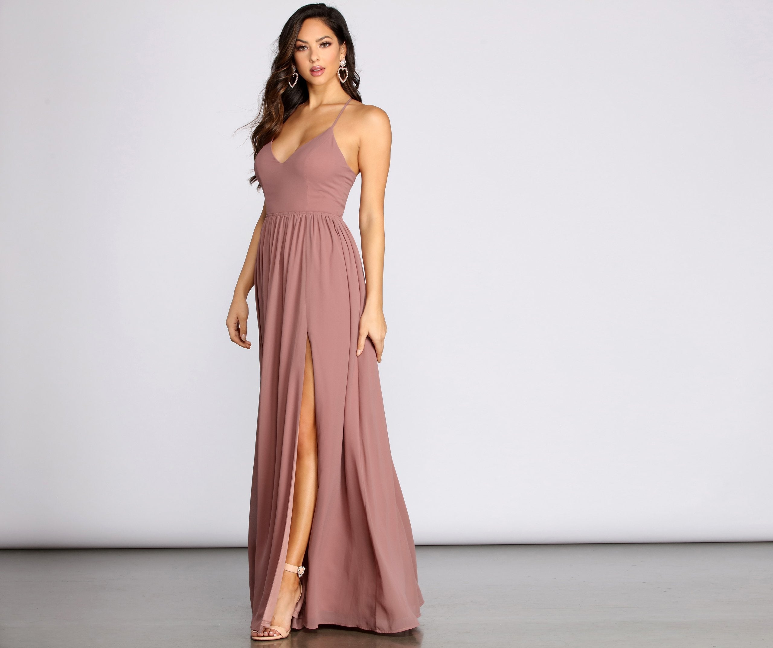 Lace-Back Deep V-Neck Spaghetti Strap Chiffon High Slit Maxi Gown