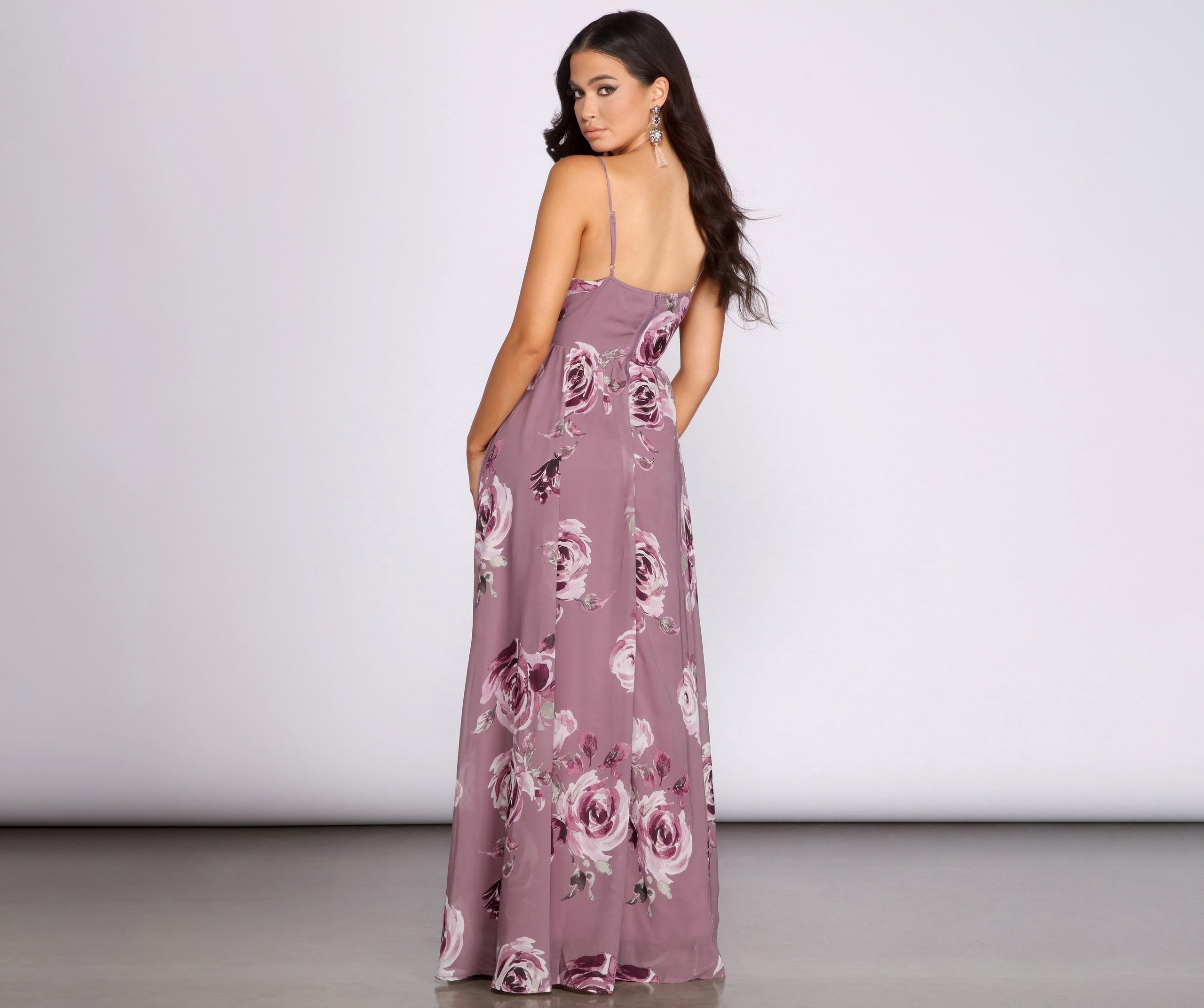 Floral Print Spaghetti Strap Surplice Wrap Chiffon Overlay Maxi Dress