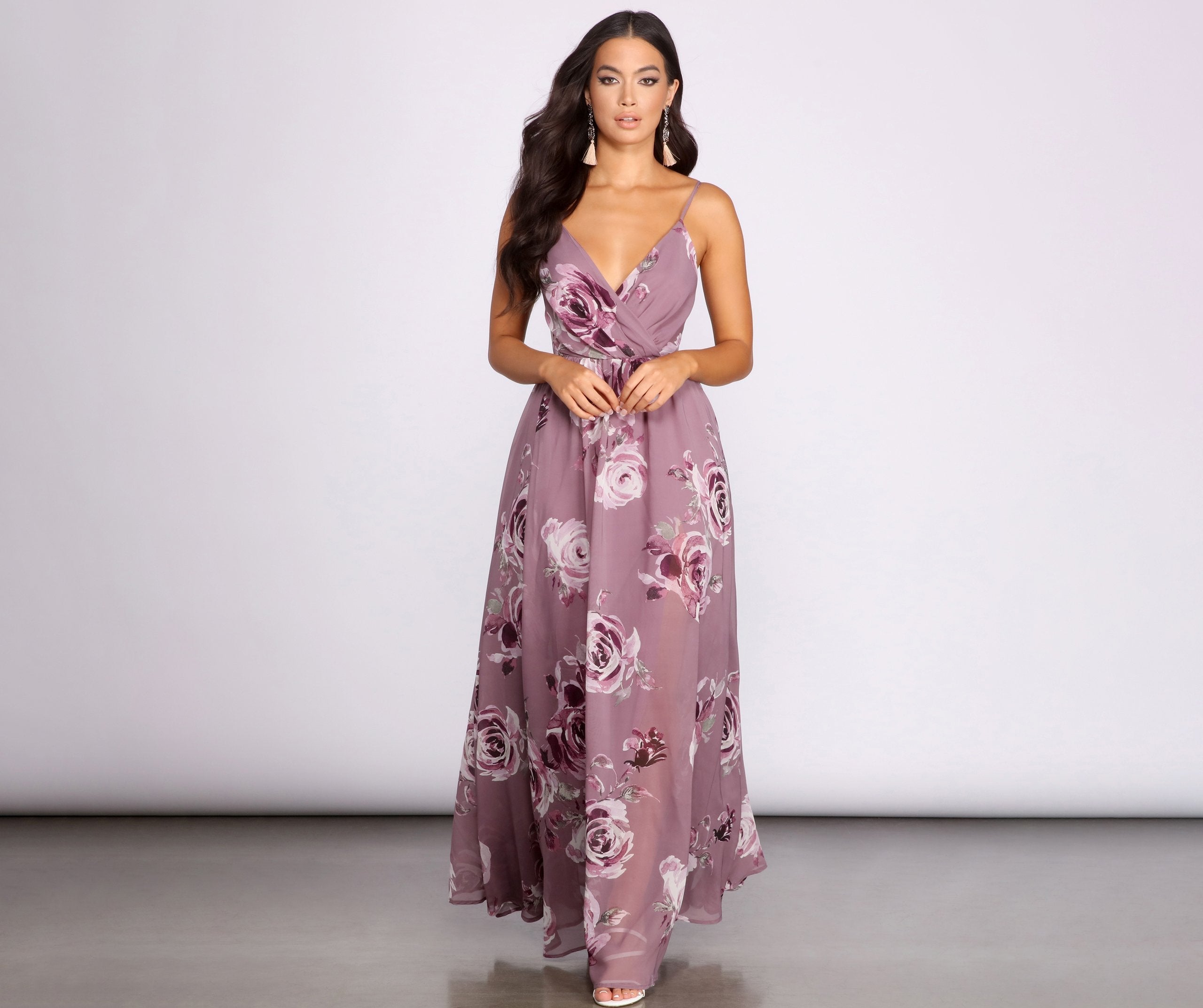 Floral Print Spaghetti Strap Surplice Wrap Chiffon Overlay Maxi Dress