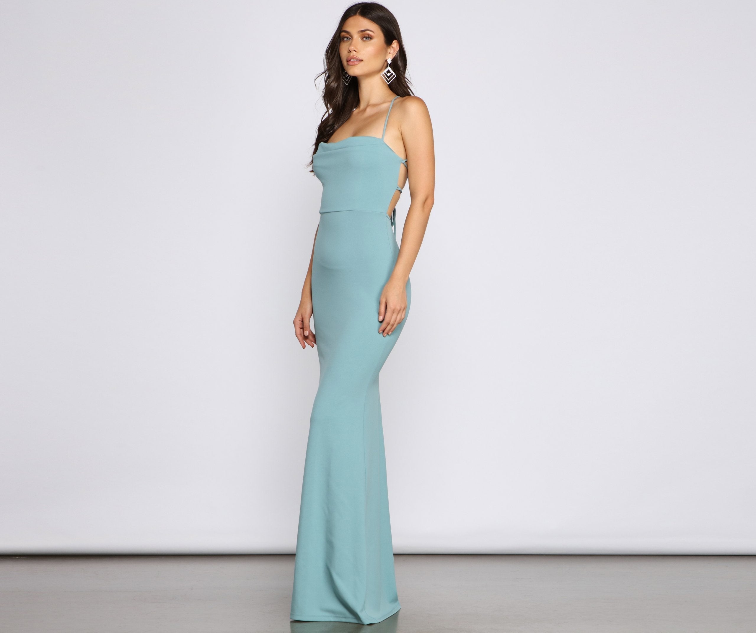 Spaghetti Strap Cowl Neck Lace Up Mermaid Maxi Gown