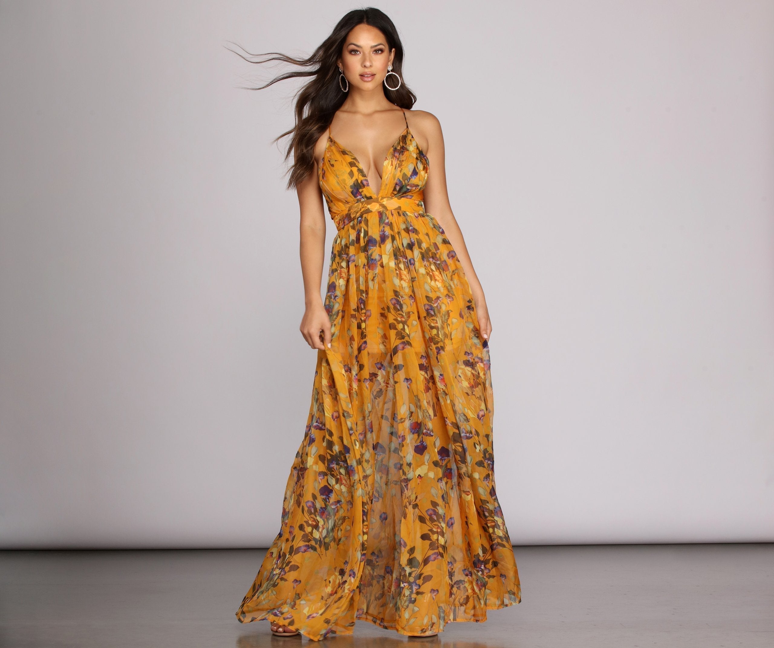 Deep V-Neck Spaghetti Strap Floral Chiffon Full A-Line Maxi Dress