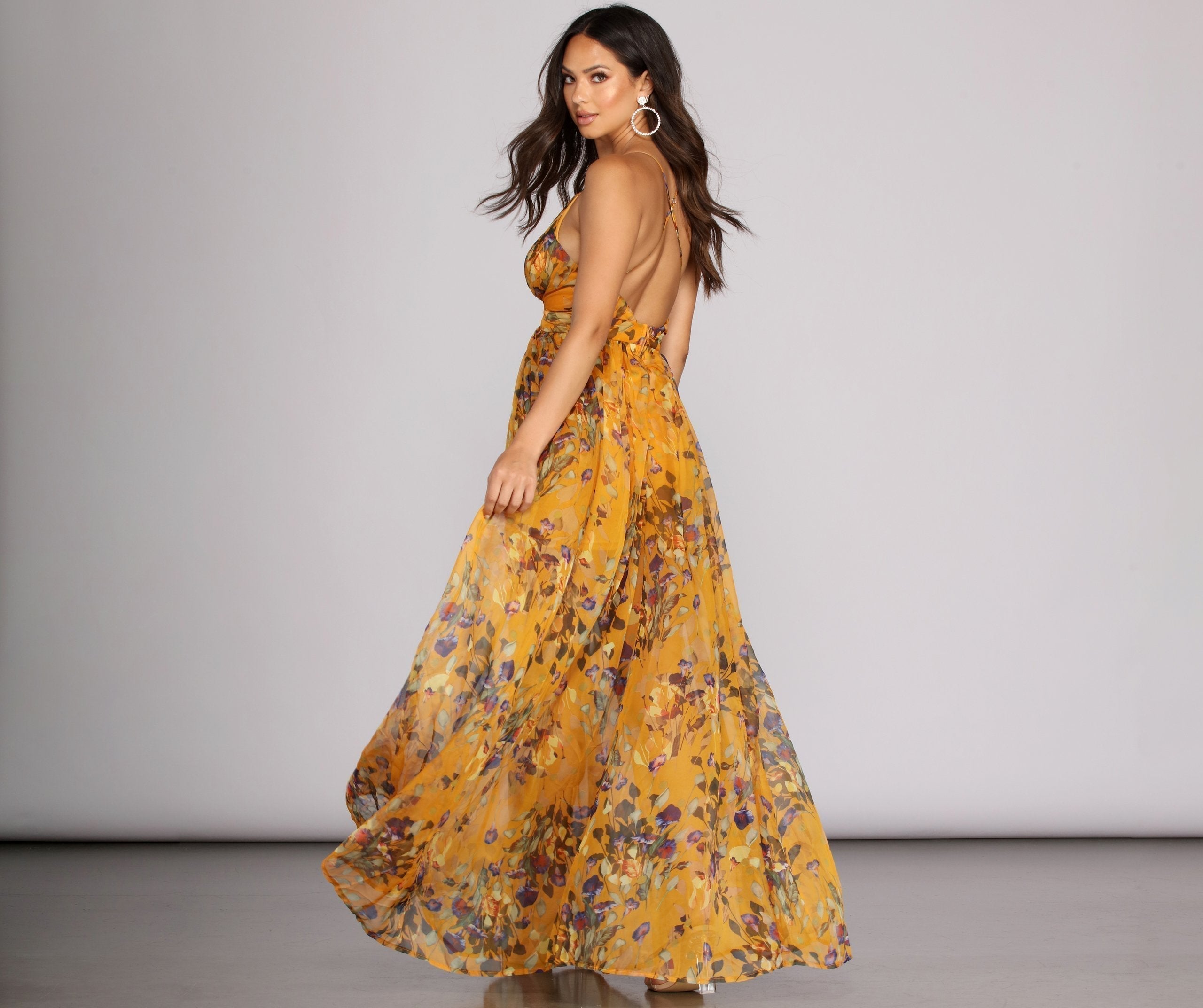 Deep V-Neck Spaghetti Strap Floral Chiffon Full A-Line Maxi Dress