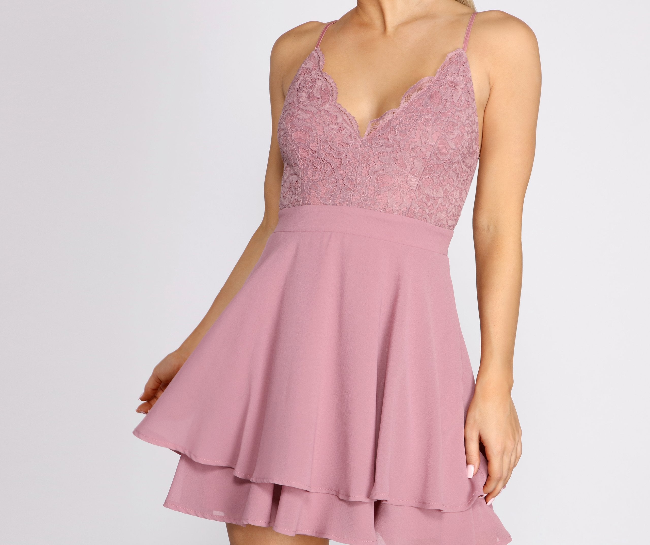 Lace Sweetheart Spaghetti Strap Double Layer Tiered Chiffon Skater Mini Dress