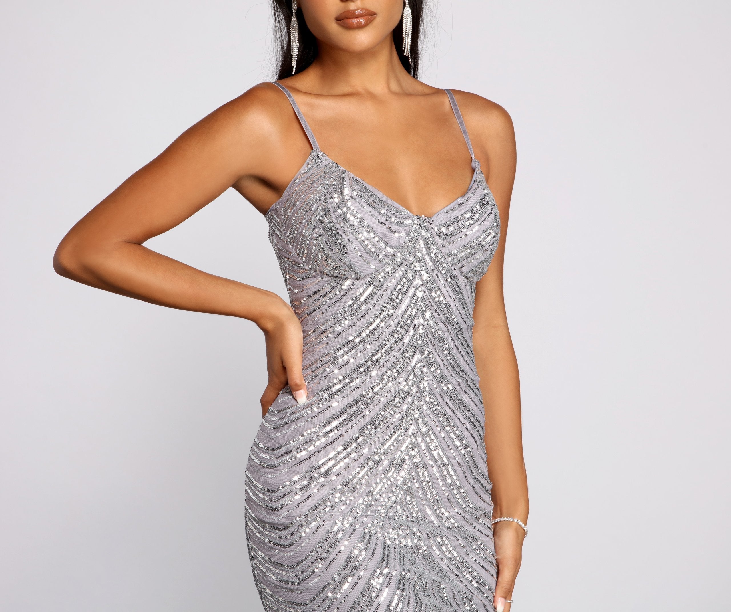 Deep V-Neck Spaghetti Strap Geometric Chevron Sequin Bodycon Midi Dress