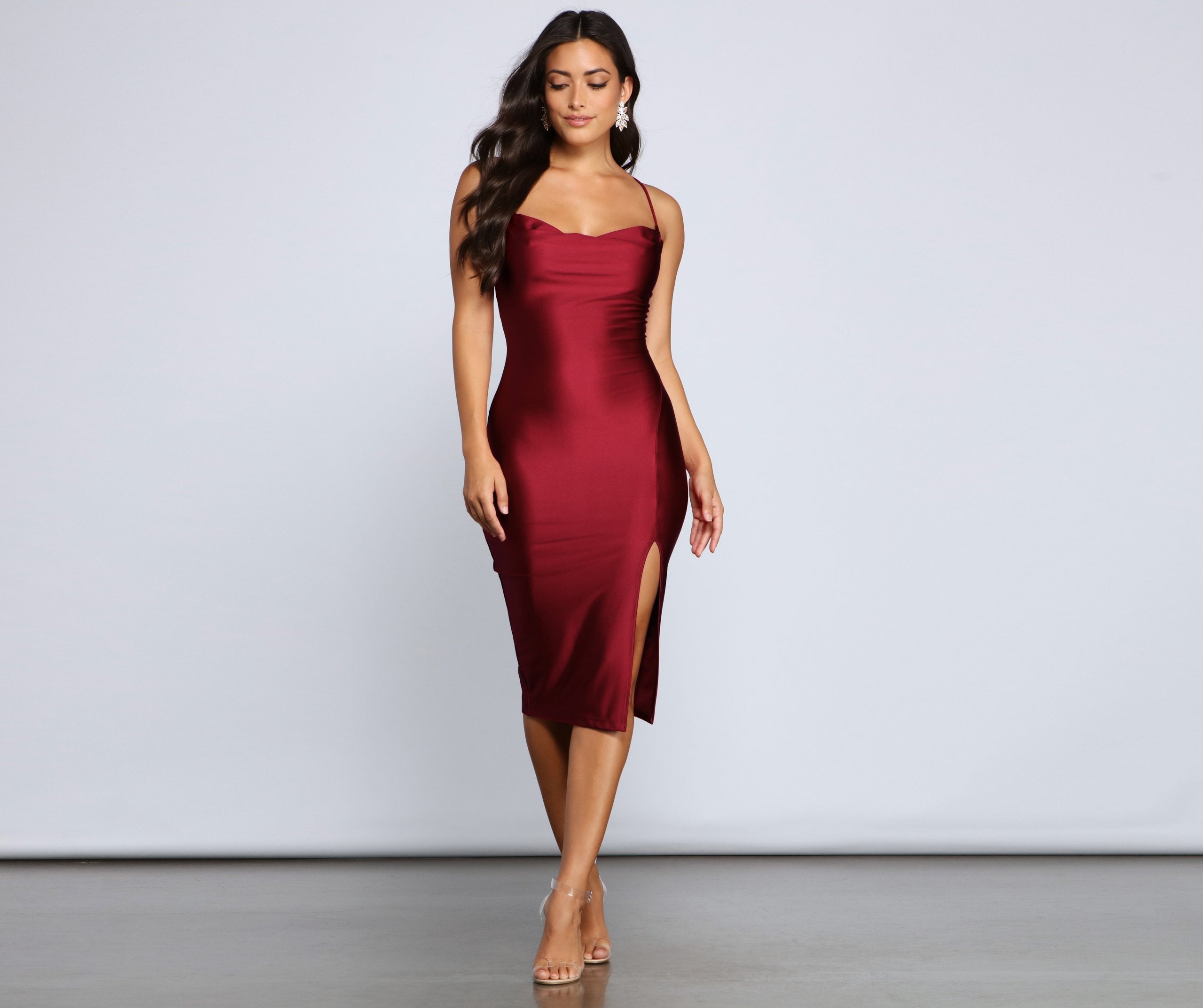 Cowl Neck Spaghetti Strap Satin High Slit Bodycon Midi Dress